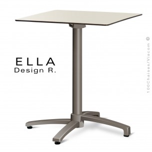 Table ELLA piétement colonne centrale aluminium encastrable peint taupe, plateau 60x60 cm., rabattable compact crème.