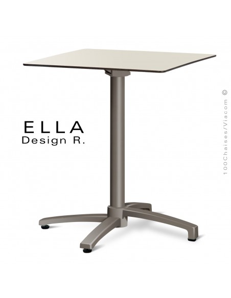 Table ELLA piétement colonne centrale aluminium encastrable peint taupe, plateau 60x60 cm., rabattable compact crème.