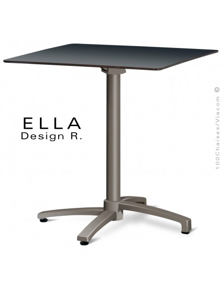 Table ELLA piétement colonne centrale aluminium encastrable peint taupe, plateau 70x70 cm., rabattable compact anthracite.