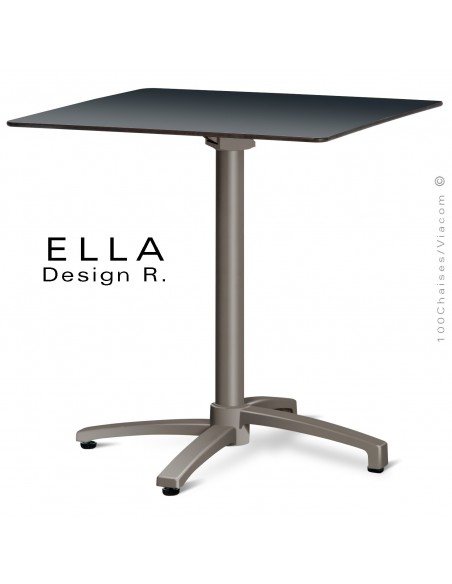 Table ELLA piétement colonne centrale aluminium encastrable peint taupe, plateau 70x70 cm., rabattable compact anthracite.