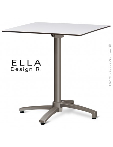 Table ELLA piétement colonne centrale aluminium encastrable peint taupe, plateau 70x70 cm., rabattable compact blanc.