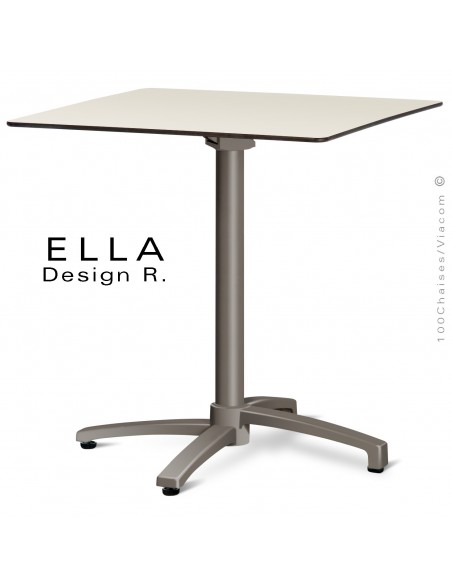 Table ELLA piétement colonne centrale aluminium encastrable peint taupe, plateau 70x70 cm., rabattable compact crème.
