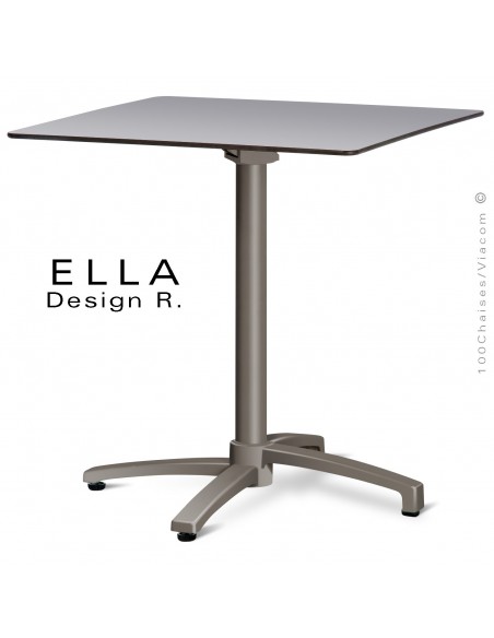 Table ELLA piétement colonne centrale aluminium encastrable peint taupe, plateau 70x70 cm., rabattable compact gris.