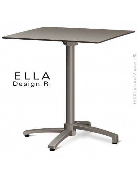 Table ELLA piétement colonne centrale aluminium encastrable peint taupe, plateau 70x70 cm., rabattable compact taupe.