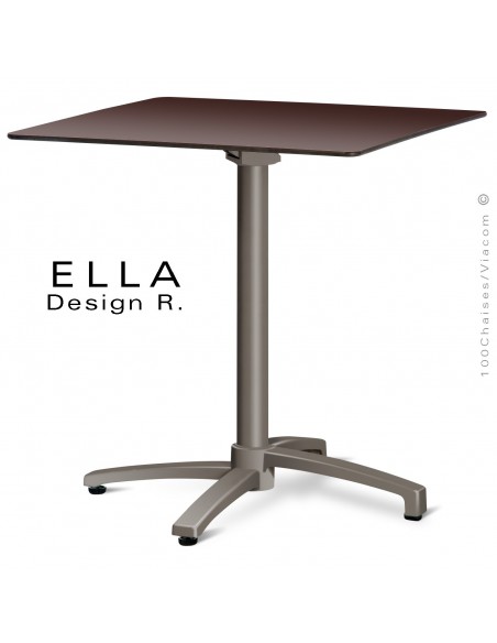 Table ELLA piétement colonne centrale aluminium encastrable peint taupe, plateau 70x70 cm., rabattable compact wengé.
