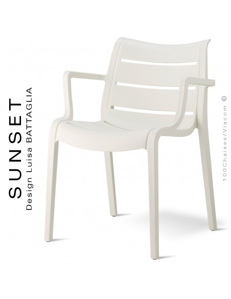 Fauteuil SUNSET, structure plastique couleur blanc LIN avec accoudoirs, empilable pour terrasse.