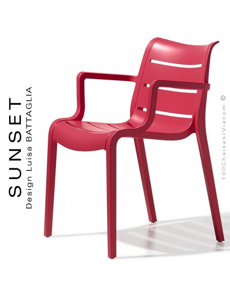 Fauteuil SUNSET, structure plastique couleur rouge Géranium avec accoudoirs, empilable pour terrasse.