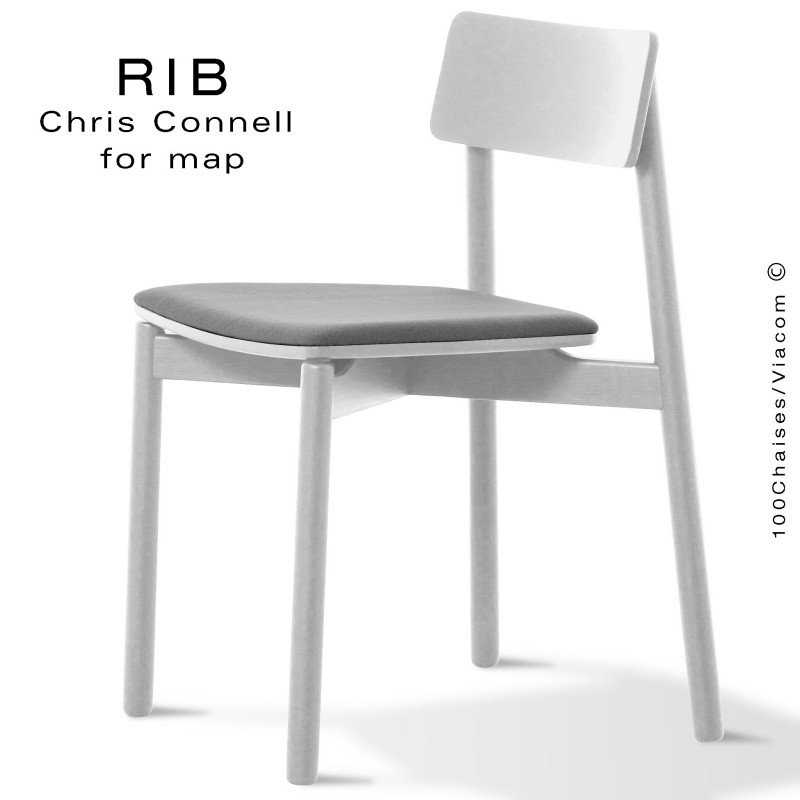 Chaise RIB 11, piétement en bois de frêne peint blanc, assise garnie gris