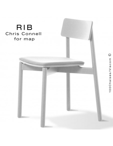 Chaise RIB 11, piétement en bois de frêne peint blanc, assise garnie blanc