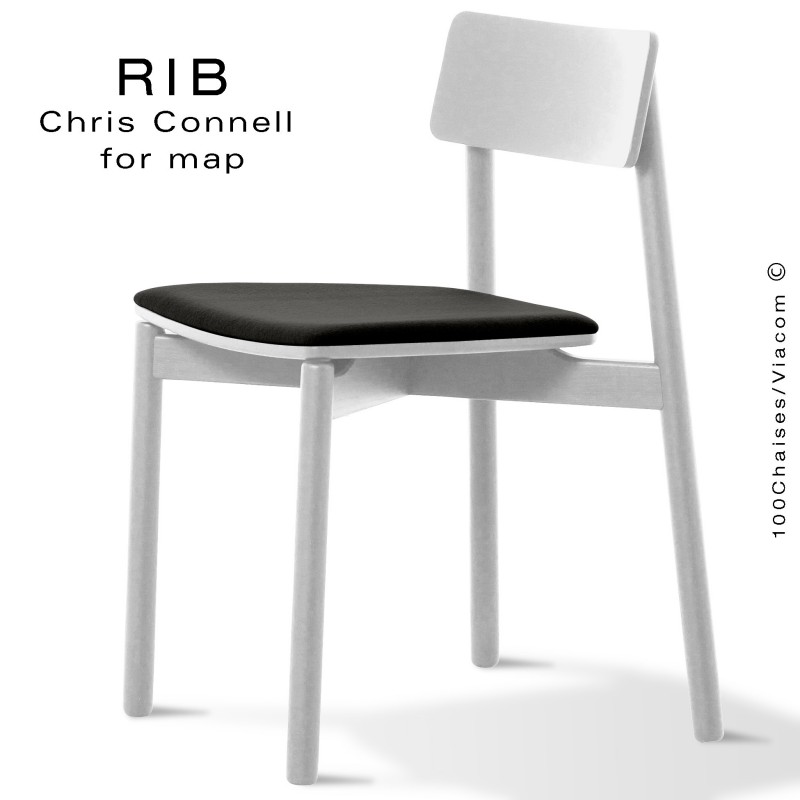 Chaise RIB 11, piétement en bois de frêne peint blanc, assise garnie noir