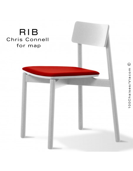 Chaise RIB 11, piétement en bois de frêne peint blanc, assise garnie rouge