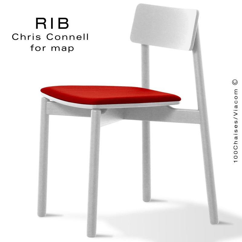 Chaise RIB 11, piétement en bois de frêne peint blanc, assise garnie rouge
