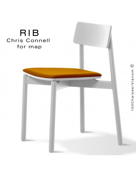 Chaise RIB 11, piétement en bois de frêne peint blanc, assise garnie orange