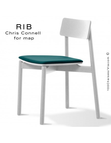 Chaise RIB 11, piétement en bois de frêne peint blanc, assise garnie bleu
