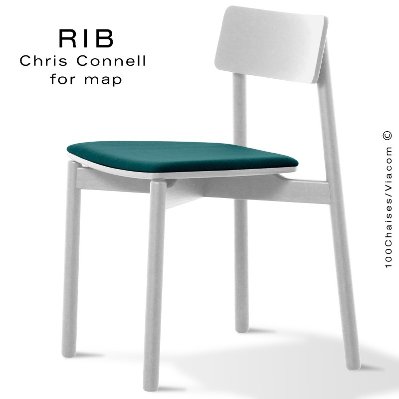 Chaise RIB 11, piétement en bois de frêne peint blanc, assise garnie bleu