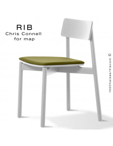 Chaise RIB 11, piétement en bois de frêne peint blanc, assise garnie vert