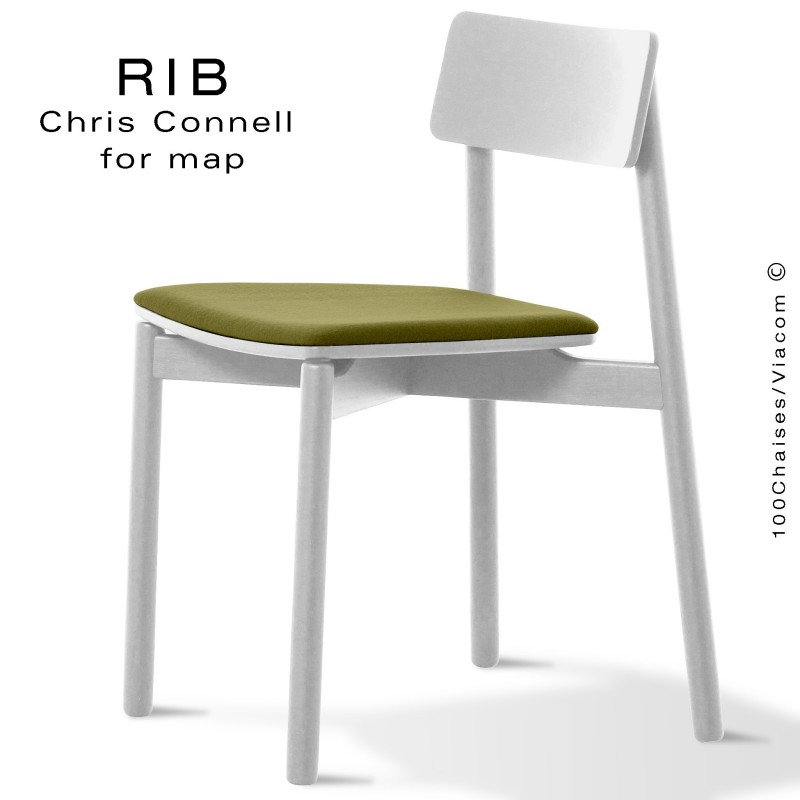 Chaise RIB 11, piétement en bois de frêne peint blanc, assise garnie vert