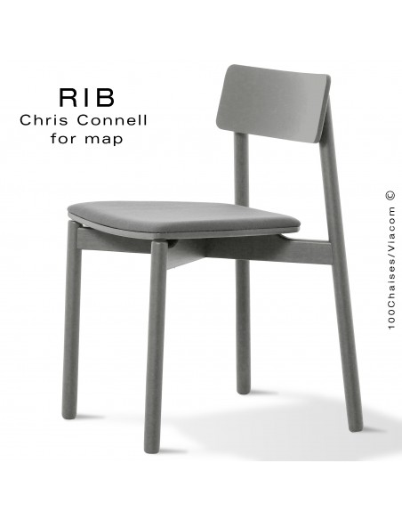 Chaise RIB 11, piétement en bois de frêne peint gris, assise garnie gris