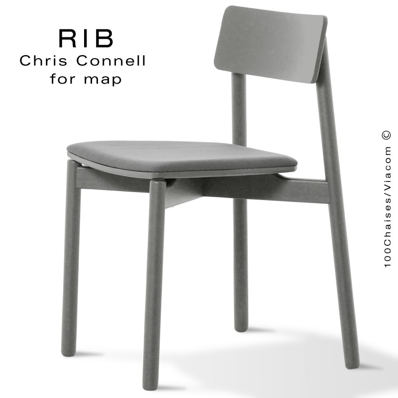 Chaise RIB 11, piétement en bois de frêne peint gris, assise garnie gris
