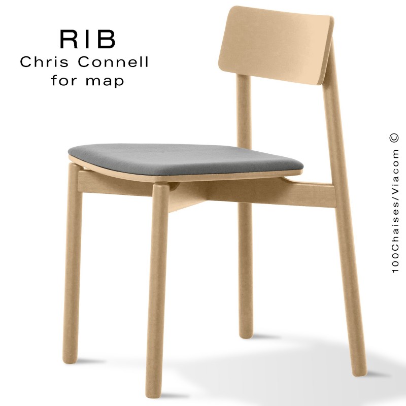 Chaise RIB 11, piétement en bois de frêne teinté naturel, assise garnie gris