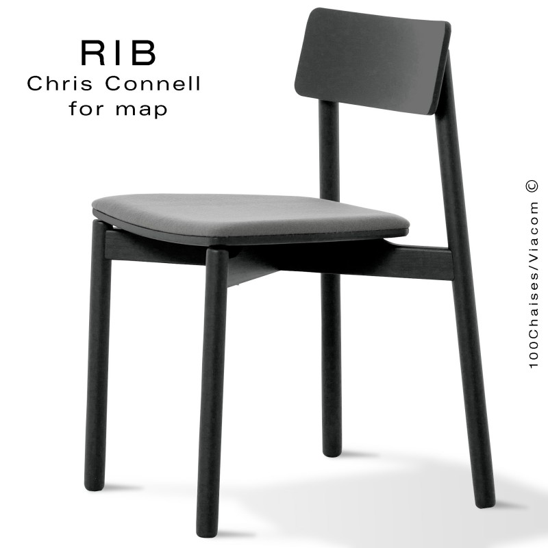 Chaise RIB 11, piétement en bois de frêne peint noir, assise garnie gris
