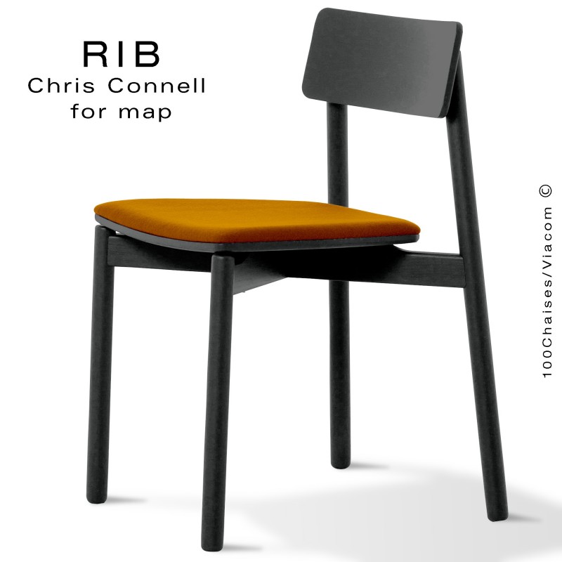 Chaise RIB 11, piétement en bois de frêne peint noir, assise garnie orange