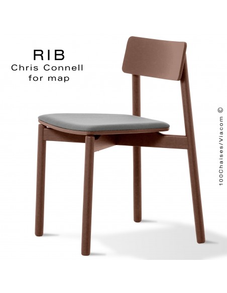 Chaise RIB 11, piétement en bois de frêne teinté noyer, assise garnie gris