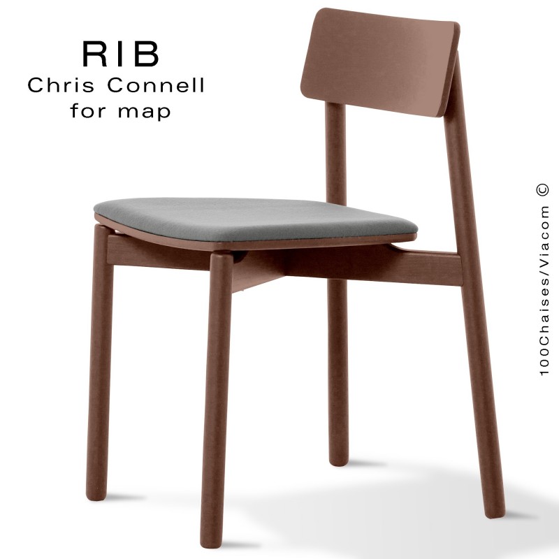 Chaise RIB 11, piétement en bois de frêne teinté noyer, assise garnie gris