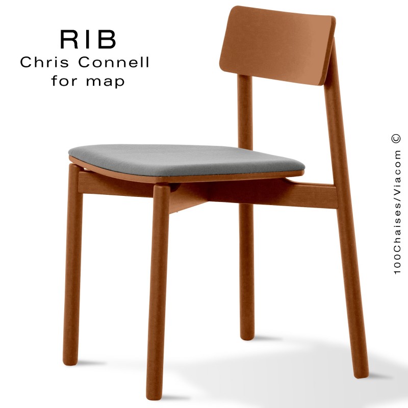 Chaise RIB 11, piétement en bois de frêne teinté teck, assise garnie gris