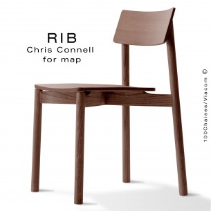 Chaise bois design RIB, piétement en bois massif de frêne teinté noyer. Empilable par 4 pièces.