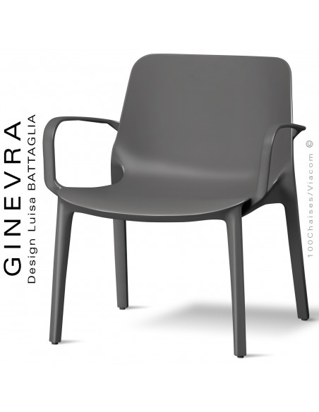 Fauteuil lounge GINEVRA, structure plastique couleur anthracite avec accoudoirs, empilable pour terrasse.