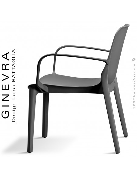 Fauteuil lounge GINEVRA, structure plastique couleur anthracite avec accoudoirs, empilable pour terrasse.
