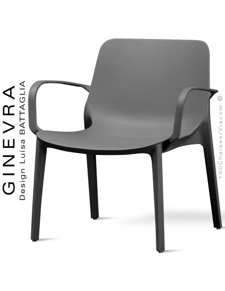 Fauteuil lounge GINEVRA, structure plastique couleur anthracite avec accoudoirs, empilable pour terrasse.