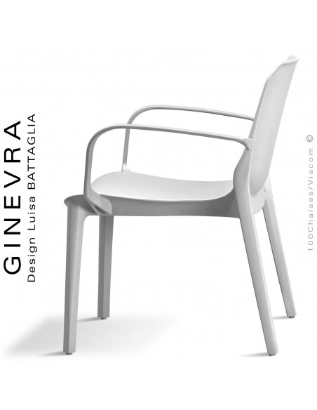 Fauteuil lounge GINEVRA, structure plastique couleur blanc (Lin) avec accoudoirs, empilable pour terrasse.