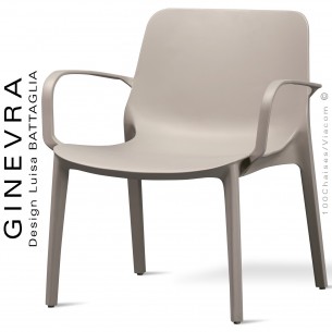 Fauteuil lounge GINEVRA, structure plastique couleur gris Tourterelle anthracite avec accoudoirs, empilable pour terrasse.