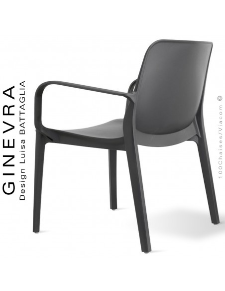 Fauteuil lounge GINEVRA, structure plastique couleur anthracite avec accoudoirs, empilable pour terrasse.