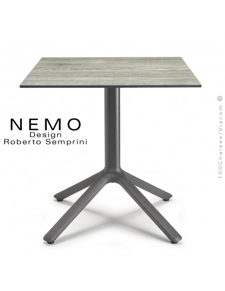 Table NEMO, pour CHR., piétement aluminium peint anthracite, plateau 70x70 cm., carré compact chêne.