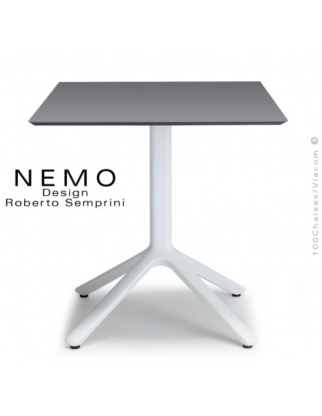 Table NEMO, pour CHR., piétement aluminium peint blanc, plateau 70x70 cm., carré compact couleur anthracite.
