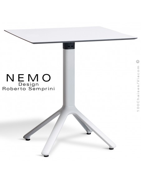 Table NEMO, pour CHR., piétement aluminium peint blanc, plateau 70x70 cm., carré compact couleur blanc.