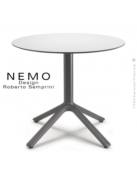 Table NEMO, pour CHR., piétement aluminium peint anthracite, plateau Ø70 cm., compact couleur blanc.
