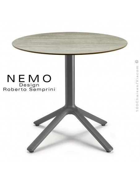 Table NEMO, pour CHR., piétement aluminium peint anthracite, plateau Ø70 cm., compact chêne.