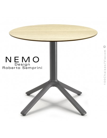 Table NEMO, pour CHR., piétement aluminium peint anthracite, plateau Ø70 cm., compact chêne clair.