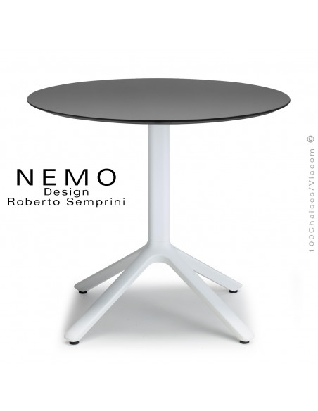 Table NEMO, pour CHR., piétement aluminium peint blanc, plateau Ø70 cm., compact couleur anthracite.