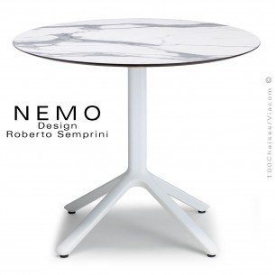 Table NEMO, pour CHR., piétement aluminium peint blanc, plateau Ø80 cm., compact marbre blanc.