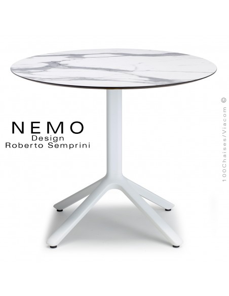 Table NEMO, pour CHR., piétement aluminium peint blanc, plateau Ø80 cm., compact marbre blanc.