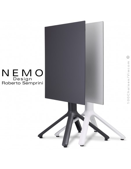 Table NEMO, pour CHR., piétement encastrable aluminium, finition peinture anthracite ou blanc, plateau rabattable compact.