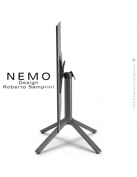 Table NEMO, pour CHR., piétement encastrable aluminium, couleur anthracite, plateau rabattable compact couleur anthracite.