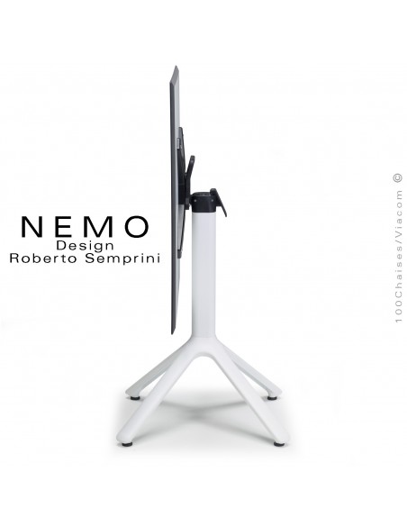 Table NEMO, pour CHR., piétement encastrable aluminium, couleur blanc, plateau rabattable compact couleur anthracite.