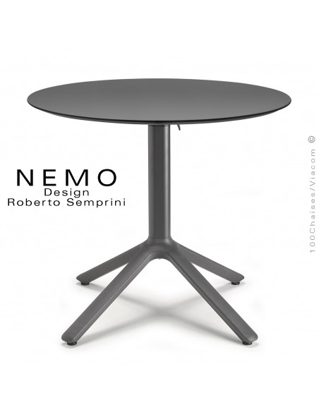 Table NEMO, pour CHR., piétement encastrable aluminium couleur anthracite, plateau Ø70 cm., rabattable compact anthracite.