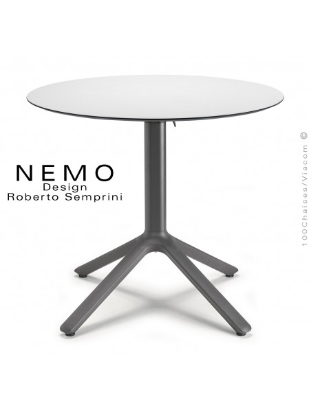 Table NEMO, pour CHR., piétement encastrable aluminium couleur anthracite, plateau Ø70 cm., rabattable compact blanche.